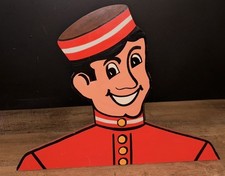 VINTAGE PHILLIP Morris JOHNNY ROVENTINI Cigarette WOODEN Head DISPLAY 24x30”