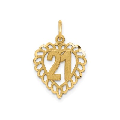 14k Yellow Gold Heart Pendant Number 21 Lace Border Milestone Charm for Women
