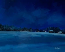 Original Oil Painting Landscape Winter Nocturne Blue Night Lights 8x10 Signed