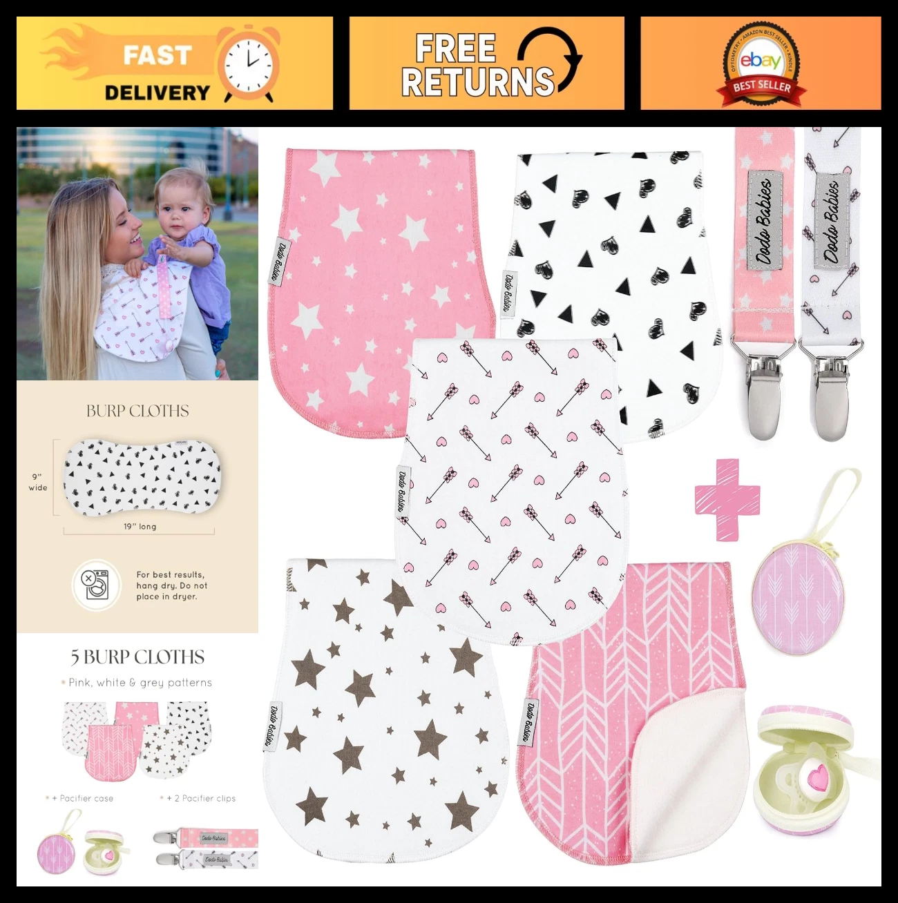 5-Pack Soft Absorbent Baby Burp Cloths - Contoured Infant Spit-Up Cloths with Pa