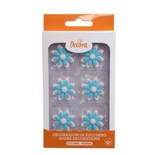 6 Decorazioni fiori per torte Margherite bicolore celesti bianche in zucchero...