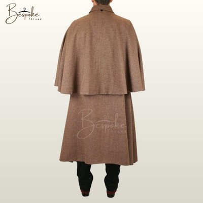 Men's Inverness Ulster Cape Coat Brown Wool Victorian Cloak