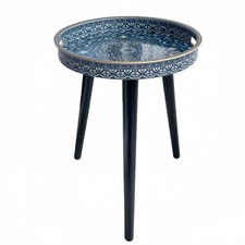 Small Round Side Table with Boho Mandala Pattern Tray - 13" Vintage Navy Blue...