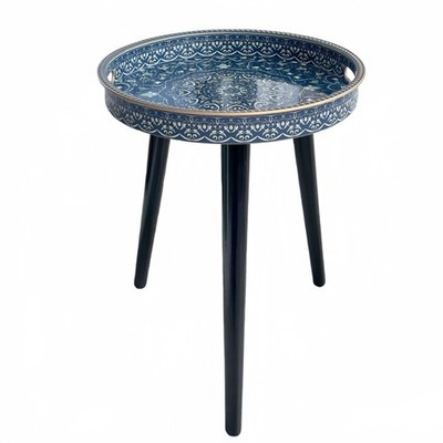 Small Round Side Table with Boho Mandala Pattern Tray - 13'' Vintage Navy Blue...