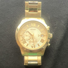 GUESS Gold Tone Quartz Dress Watch Roman Numerals Date Gold Metal Bracelet