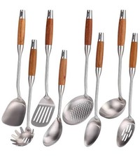 18/10 Stainless Steel Kitchen Utensils Set with Wood Handle - 15  Metal Cookin...