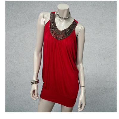 Cache Red Beaded Scoop Neck Sleeveless Dress Women s Size M