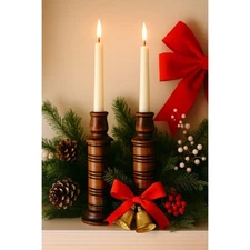 HOMCO Wooden Spool Candlestick Holders Brass Inserts Felted Bottom VTG Set of 2