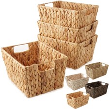 Set of 4 Storage Baskets with Handles, Wicker Seagrass Hyacinth Bins for Shelves