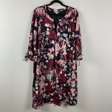 Catherines Tie-Sleeve Café Dress Size 1X Painterly Floral Pockets 3/4 Sleeves