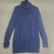 Ralph Lauren Sport Cable Knit Sweater Medium Navy Blue Turtleneck 100 Cotton