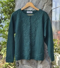 Vintage Karen Scott Hand Embroidered Cardigan Green Floral Knit Sweater M/L
