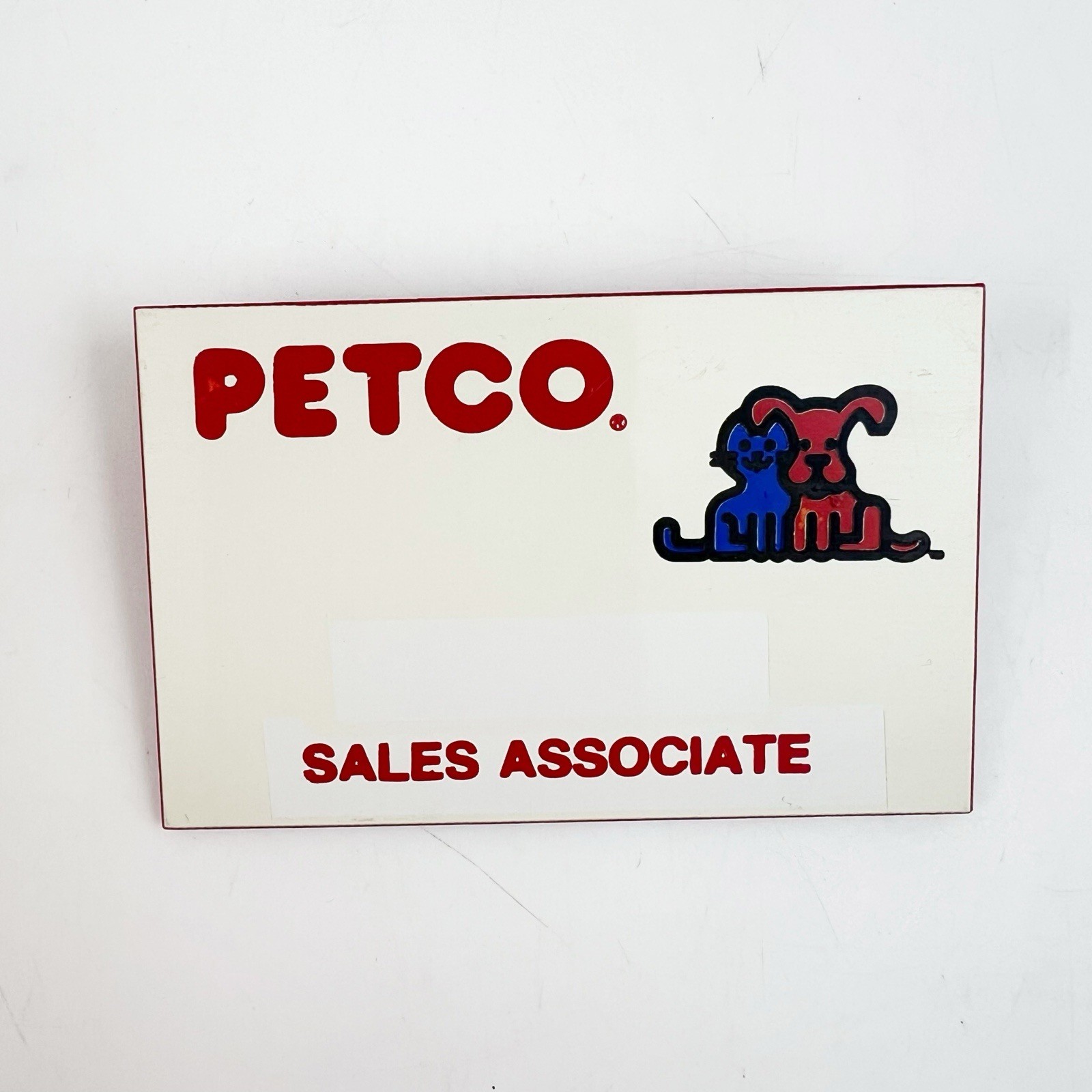 Vintage 90s Petco Employee Name Badge Tag Store ID Red Blue Dog Pin Pets
