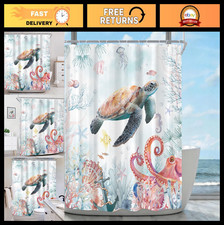 Ocean Coastal Sea Turtle Shower Curtain Set - Teal Blue Bathroom Decor, 4-Piece