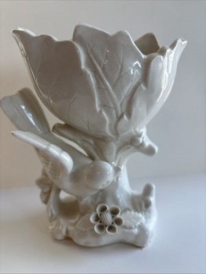 Vintage Lenwile Ardalt Artware Vase Bird Flowers White Glossy Ceramic, 5 1/4 