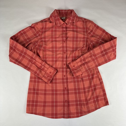 Duluth Trading DuluthFlex Sidewinder Plaid Shirt Womens S Vented Peach Red Camp