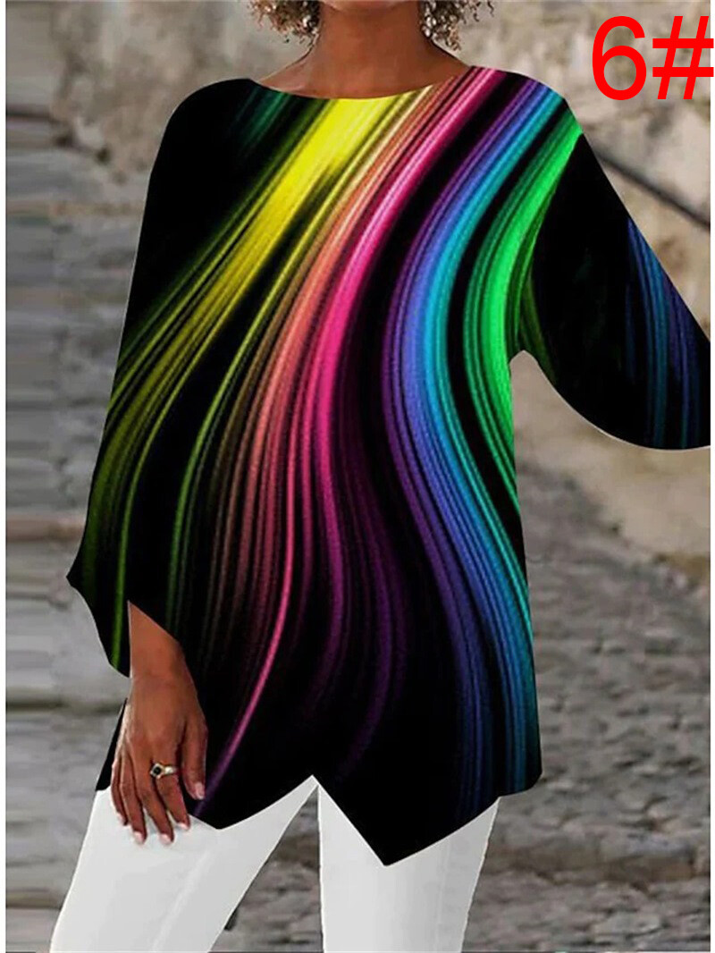 Women Crew Neck Long Tops Shirts Blouse Autumn 3/4 Sleeve Print Pullover T-Shirt - Picture 14 of 14