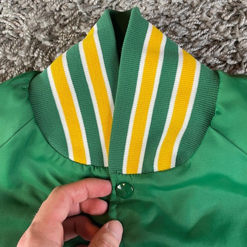 Vintage 80s Varsity Jacket Mens Large L Green Made in USA Lined Spell Out Logo - Picture 7 of 11