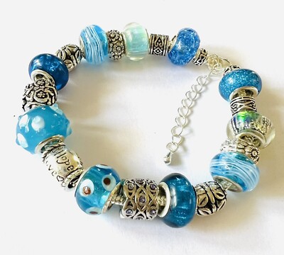 Variegated Teal Snake Chain European Charm  Bracelet Faith Hope Love 7-8 