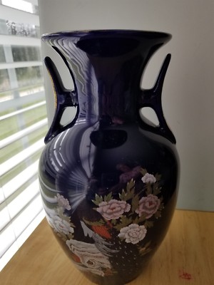 Tawain Cobalt Blue Ceramic Vase Kutani Style Peacock Peafowl & Flowers