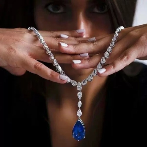 51Ctw Pear Blue Sapphire & Diamond 14k White Gold Plated Wedding Tennis Necklace - Picture 2 of 8