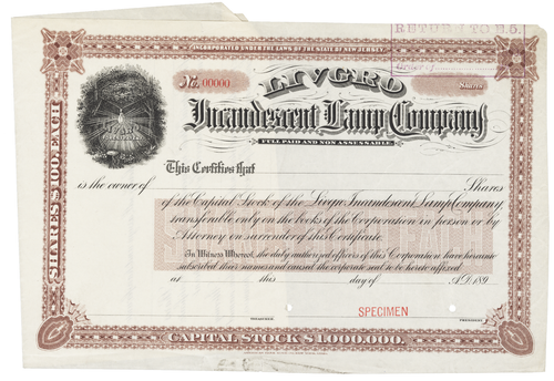 Livgro Incandescent Lamp Company, Stock Certificate.