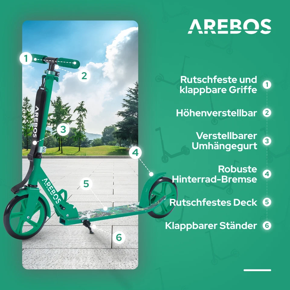 AREBOS Tretroller Kickroller Cityroller Kinderroller Erwachsene Scooter Grün - Bild 3 von 4