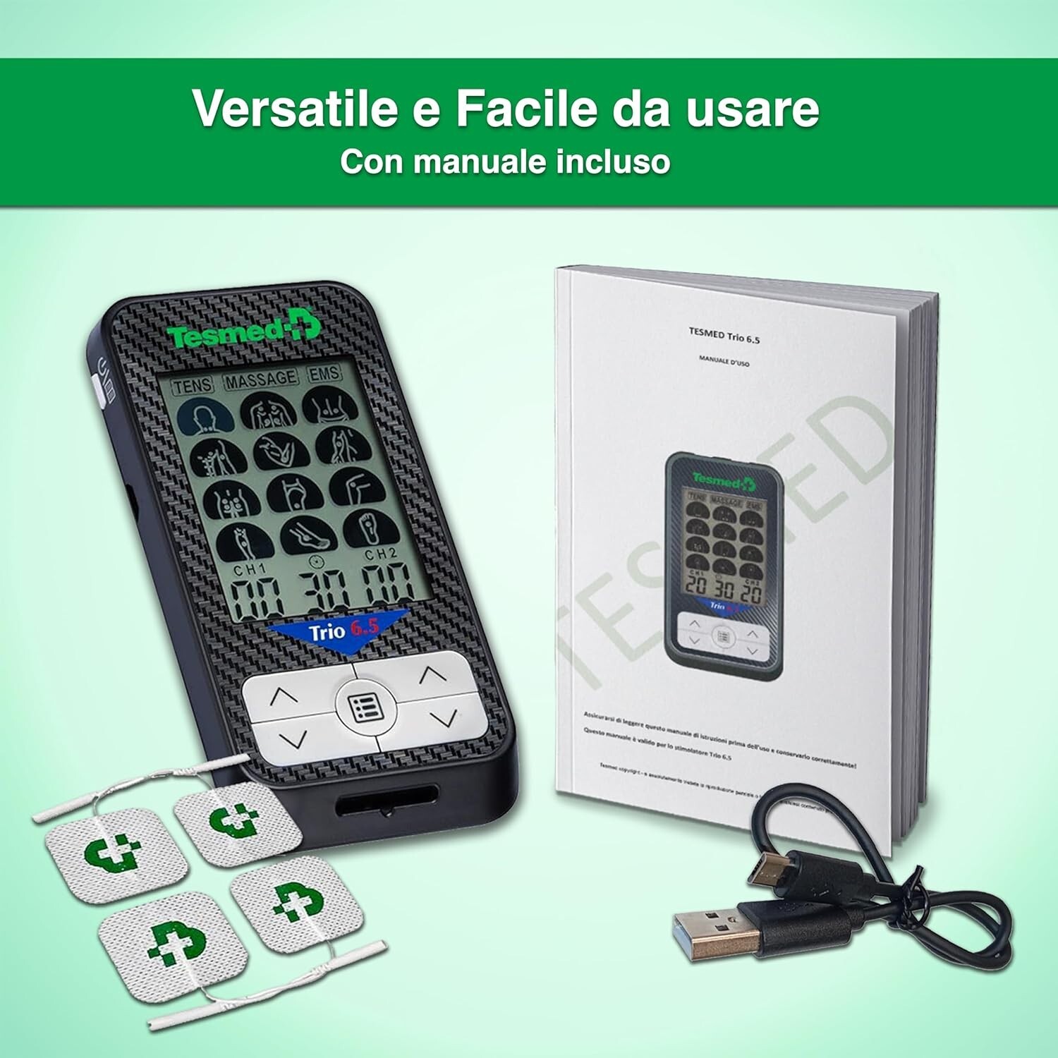 TESMED Trio 6.5: Elettrostimolatore Muscolare Ricaricabile Con USB - 36 Programm