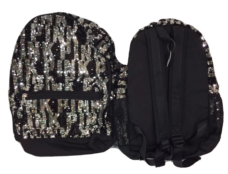 VICTORIA SECRET РОЗОВЫЙ ШИКАРНЫЙ ЧЕРНЫЙ И СЕРЕБРИСТЫЙ БЛЕСТЯЩИЙ БЛЕСТКАМИ КАМПУСА РЮКЗАК  - Изображение 2 из 2