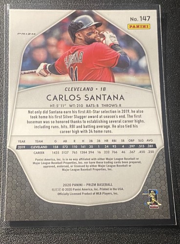 CARLOS SANTANA - 2020 Prizm Baseball - PURPLE PRIZM - #147 - Indians - Picture 2 of 2