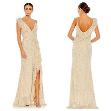 Mac Duggal Sequin Ruffle Gown Sleeveless Silver Nude Women's Size 4 NWT