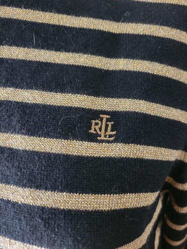 Suéter Lauren Ralph Lauren a Rayas Negro y Dorado Cuello de Tortuga Damas XL Firma - Imagen 9 de 10