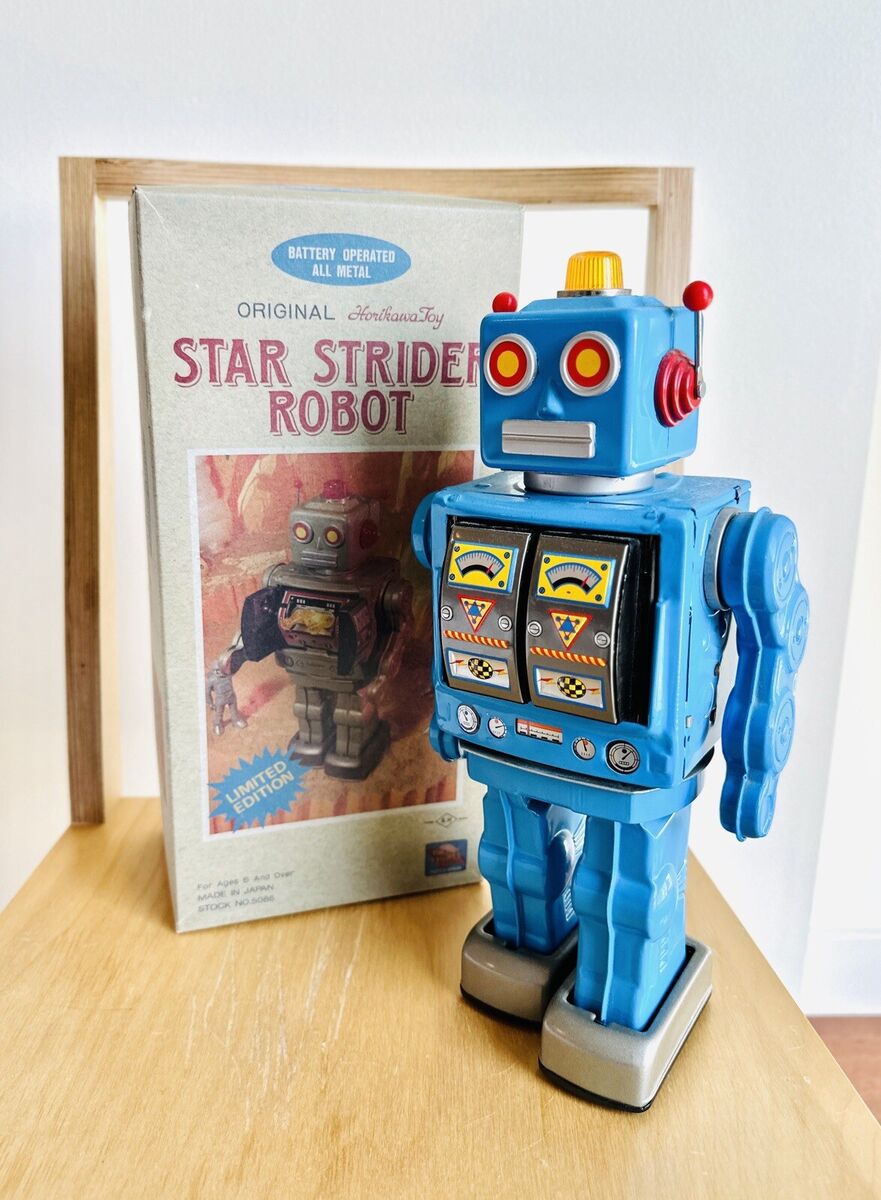 Vintage Star Strider Robot Blue Battery Operated Tin Vintage Star Strider Robot Blue Battery Operated Tin