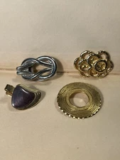Lot Of 4 Vintage Scarf Clips - Gold, Silver, Purple- Emmons + Unbranded