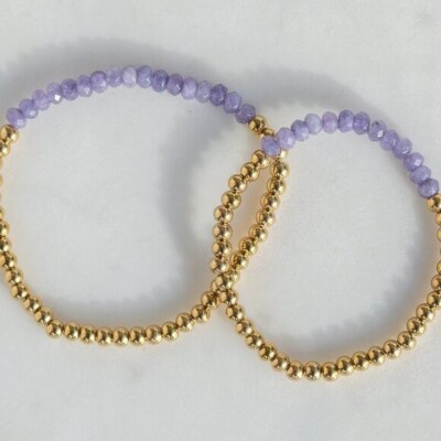 Lavender Stone Stretch Bracelet Waterproof Gold Gemstone Stretch Bracelet Stack