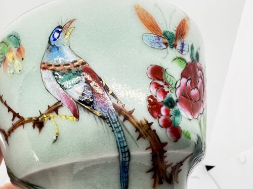 19C Lg Chinese Celadon Famille Rose Bird Fruit Flower Butterfly Tea Cup Canton - Picture 2 of 18