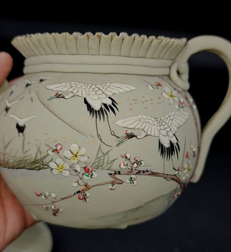 Antique Meiji Period Hand Crafted Teapot Moriage Cranes Floral - Picture 13 of 24