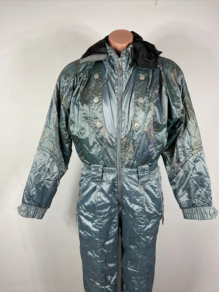 Vtg 80s 90s Iridescent OBERMEYER Snowsuit One Piece SKI SUIT Snow Bib Womens 14 - Image 4 of 4