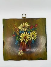 Vintage Square Hand Painted Floral Wood Art 11"x11" Boho Retro Cottage Core