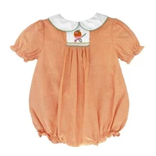 Petit Ami Orange Check Wheelbarrow Pumpkin Smocked Girls Bubble  3 6 9 Months