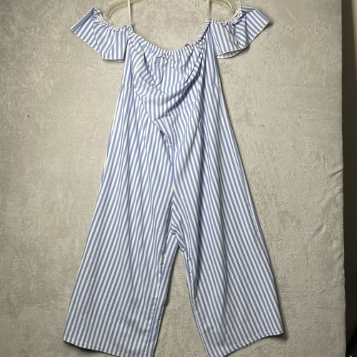 Gibson & Latimer Jumpsuit Womens Large Striped Blue White Off Shoulder Nautical - Picture 2 of 8