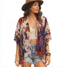 Whimsigoth Burnout Velvet Floral Kimono Cardigan Top Women OS Purple Cottagecore