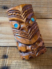 Vintage New Zealand Maori Carved Wood Tiki Mask Paua Abalone Shell Eyes Plaque S