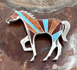 Navajo David Rosales Supersmith Inlay Walking Horse Sterling Silver Pin Brooch