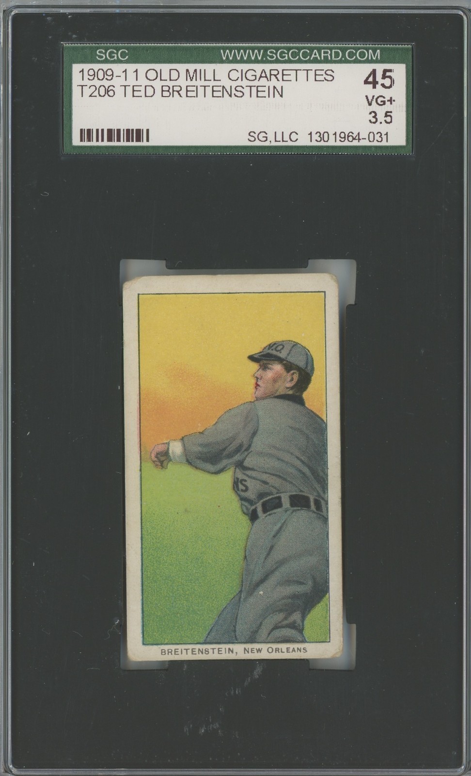 1909-1911 T-206 TED BREITENSTEIN - OLD MILL - NEW ORLEANS ATC SCG 3.5