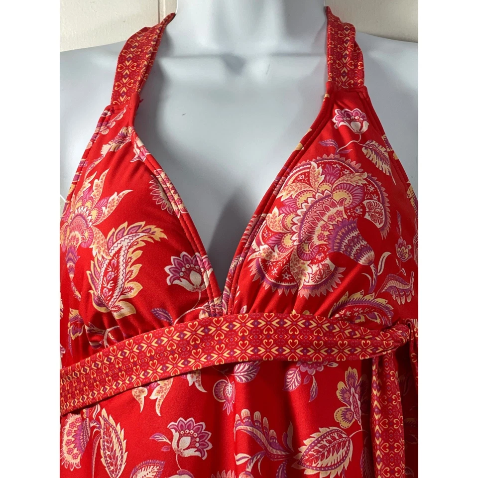 Maiô Alex Marie Red Paisley Halter Tankini parte superior inferior babado em camadas tamanho 12 - Imagem 3 de 4