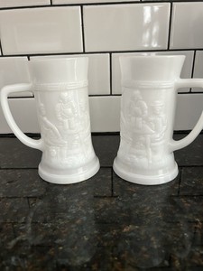 Vintage Federal Glass Moon Glow Iridescent Milk Glass Beer Steins Mugs Tavern