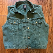 Women  s VTG Gap Blue Label Green Denim Tucker Vest L Made In Hong Kong 90  s