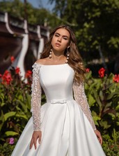 Long Sleeves Wedding Dresses Satin Open Back A-Line Dubai Wedding Gown With Belt