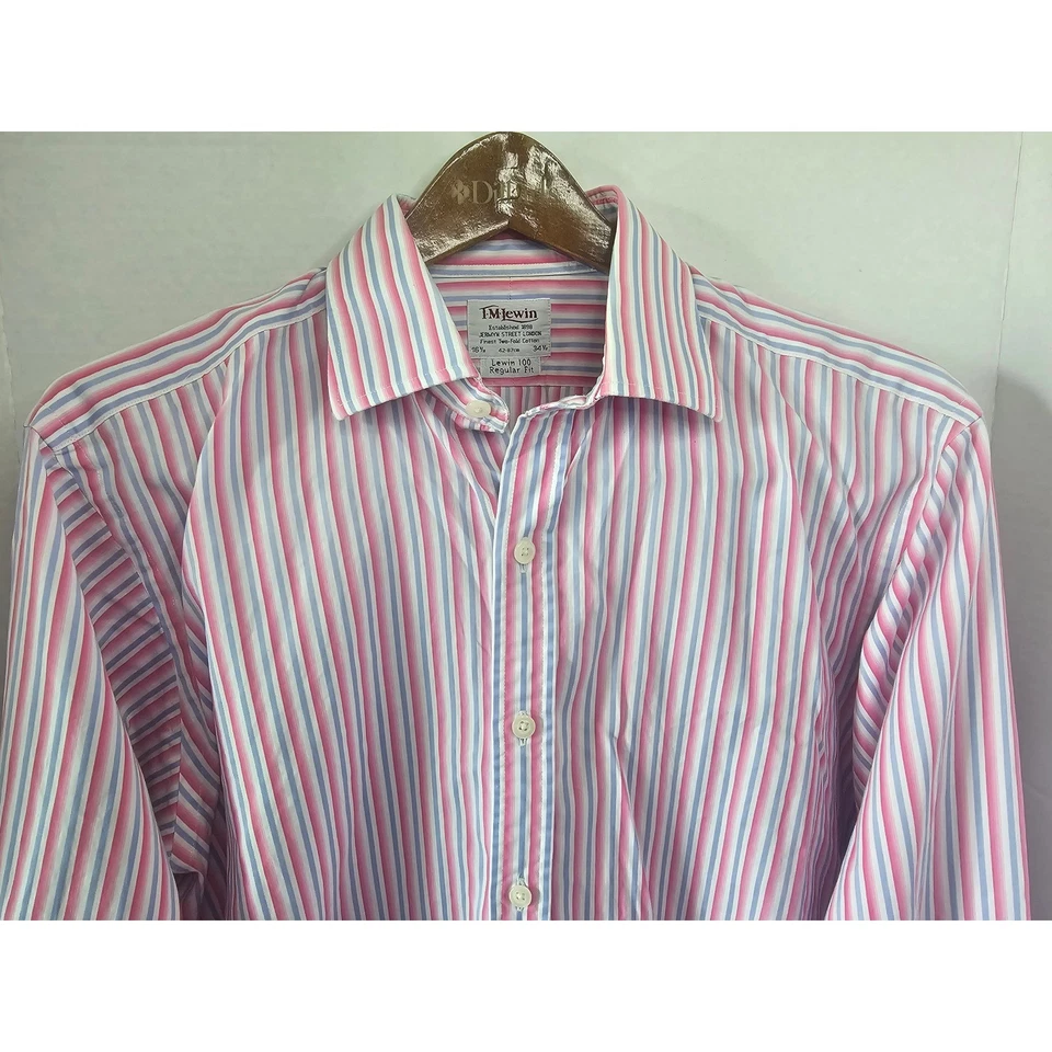 Camisa de Vestir TM Lewin Rosa Azul Rayas Algodón 16.5 34/35 Ajuste Regular Puño Francés Foto 2 de 4